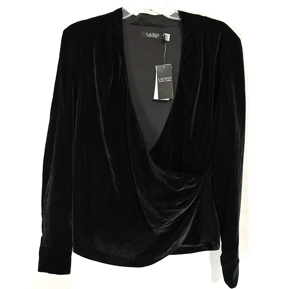 Lauren Ralph Lauren Shirt Blouse Women's Size 8 Velvet Black Pleated Surplice